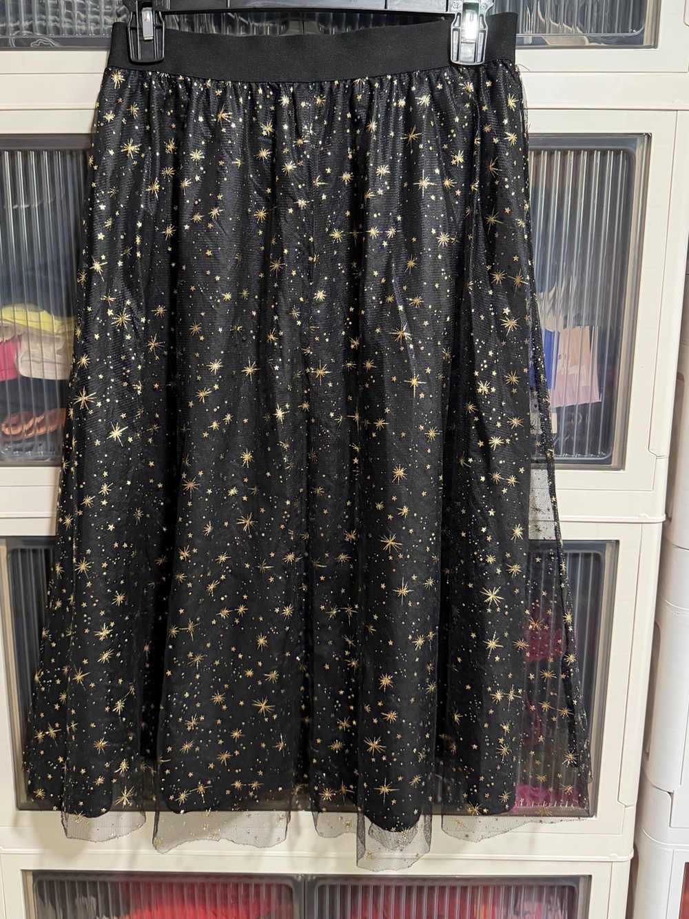 SHEIN Black Tulle Midi Skirt with Gold Star Print